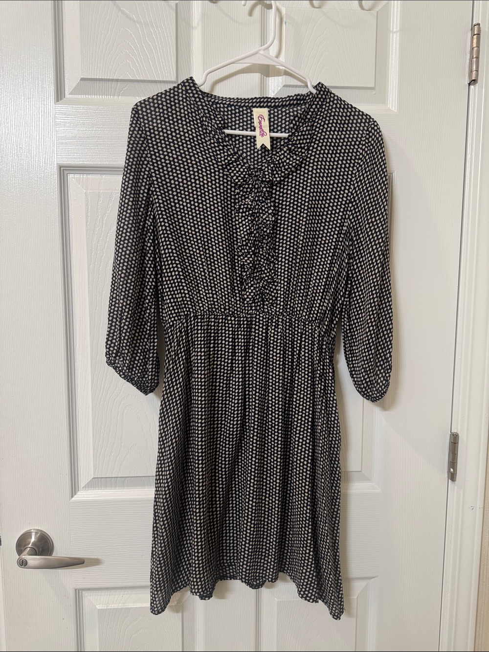 Black and White Patterned Ruffle Front Dress